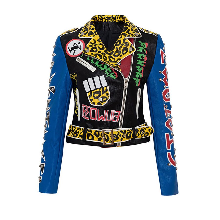 Spring Faux Leather High Waist Jacket Women Graffiti Leopard Pattern Rivet Motorcycle Clothing
