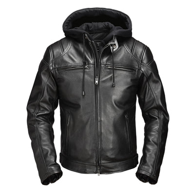 Genuine Leather Jacket Men Top Grain Cow Leather Hooded Style Casual Short Fashion Motorcycle Riding Leather Jacket