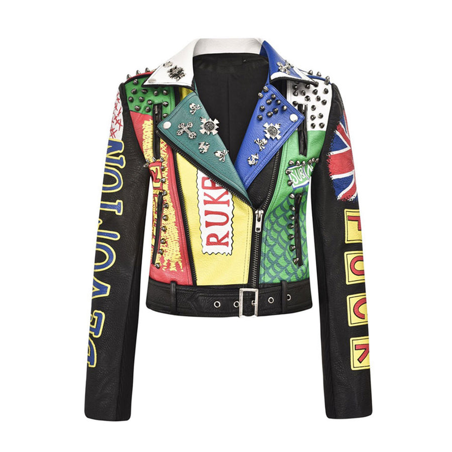 Spring Club Style Leather Jacket Women Badges and Rivet Fashion Printing Streetwear Short Motorcycle Jackets and Coat