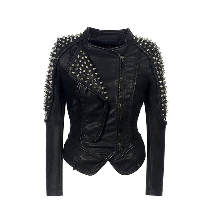 Women's Fashion Studded Perfectly Shaping Faux Leather Biker Jacket Plus Size Black Punk Rivet Shoulder Jackets for women
