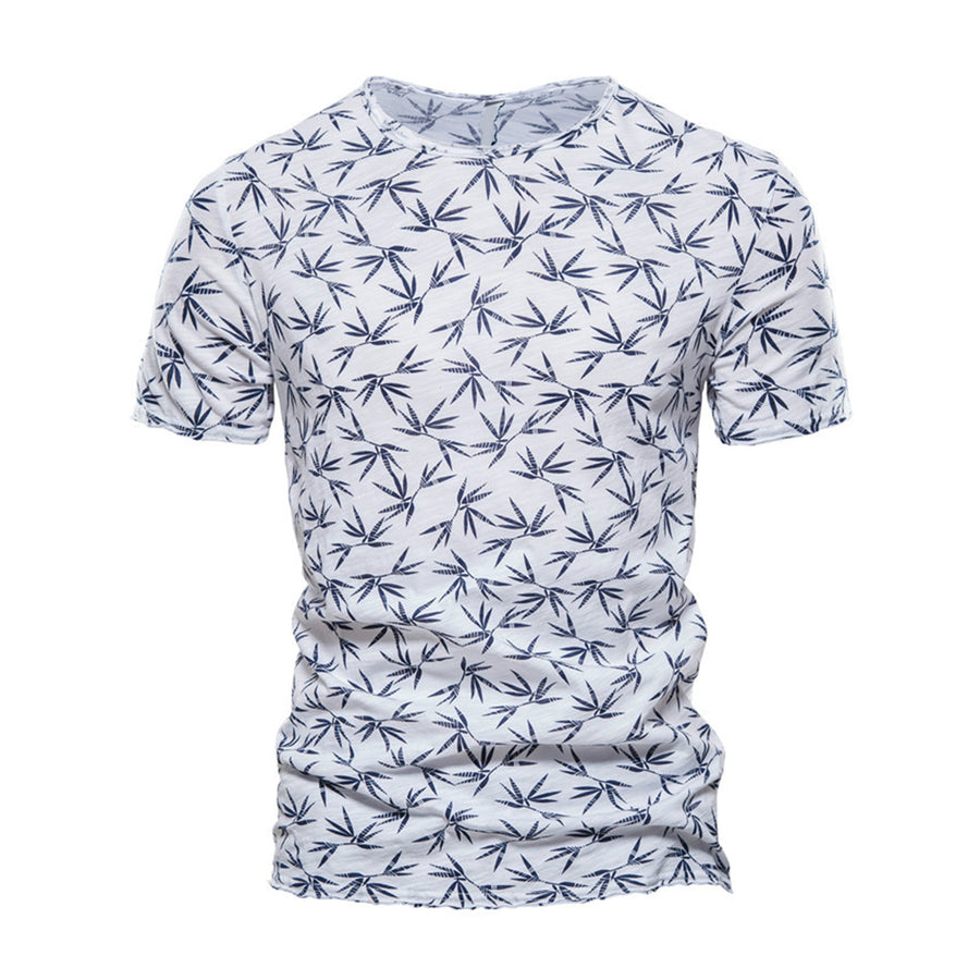 Men's Leaf Print T-shirt Round Neck Short Sleeve Shirt Summer Casual Loose Edition
