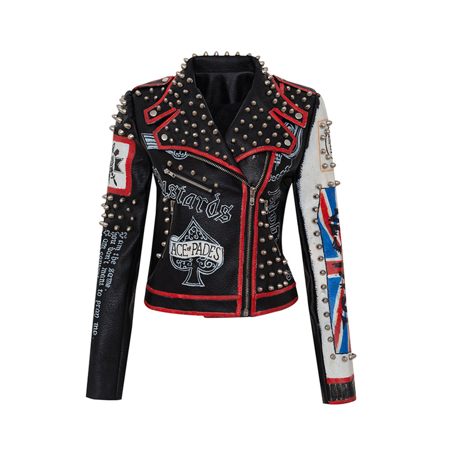 Spring Autumn New Rivets Beading Cropped Leather Jacket for Women Letter Printing Punk Rock Moto Style PU Leather Coats Outwear