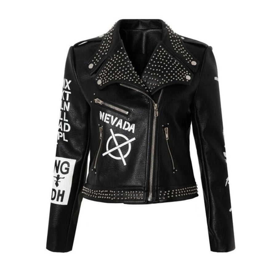 Letter Leather Jacket Women Print Coats Rivets Korean Handsome Motorcycle Chaqueta Mujer Women's leather jacket black