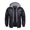 Men’s PU Faux Leather Motorcycle Bomber Jacket With Removable Hood Fall Winter Windproof Vintage Outerwear