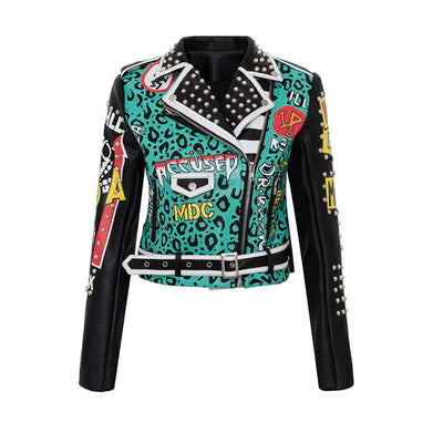 Women Leopard Graffiti Punk Style PU Leather Jacket With Belt Rivet Queen Motorcycle Coats and Jackets