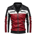 Winter Motorcycle Leather Jacket Men Pu Coats Stand Collar Fleece Lined Color block Faux Leather Jackets Zipper Outwear
