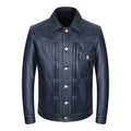 Men Genuine Leather Jacket Soft Slim Fit Blue Cowhide Leather Jacket Casual Style Single Breasted Coat Spring