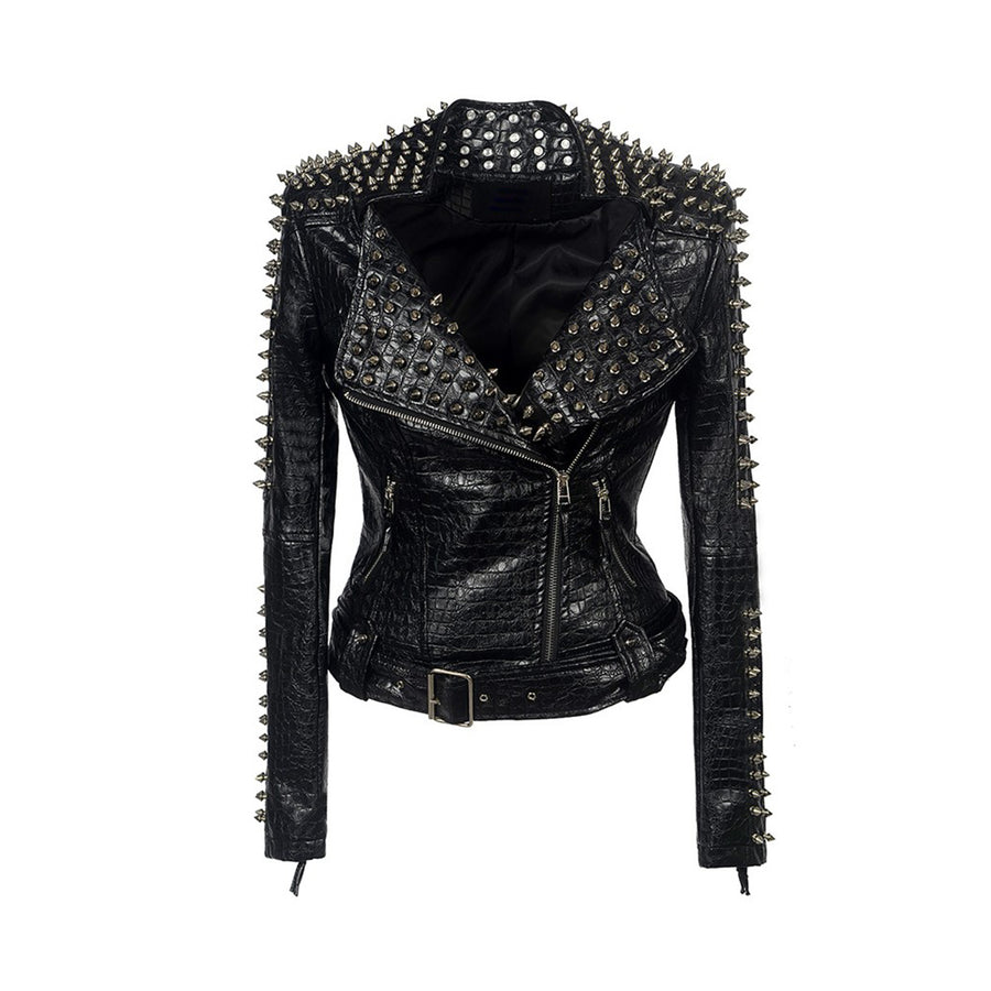 Women Fashion Club hot style Stud slim fit jacket shoulder rivets zip stitching short PU leather rock coat