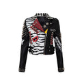 Punk Style Graffiti Faux Leather Short Jacket Women Indian Zebras Pattern Rivet High Waist Motorcycle Clothing