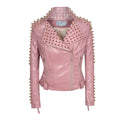 Occident punk style Pink PU jacket fashionable golden rivet body-repair locomotive short jacket