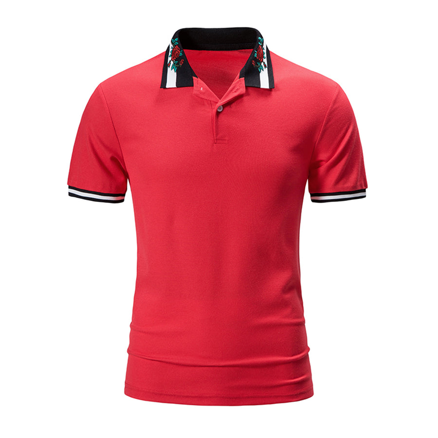 New Summer Short Sleeve Basic Lapel Polo Shirt Men's Rose Embroidered T-Shirt Top