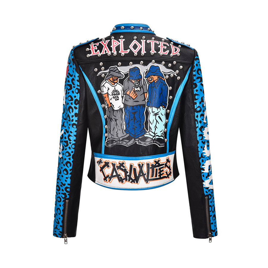 Men's Jacket Graffiti Print Buttonhole Faux Leather Punk Rock Jackets Slim Motorcycle Outwear Male Female