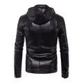 Men Soft PU Leather Jacket with Leather Hood Black Pockets Plus Size Motorcycle