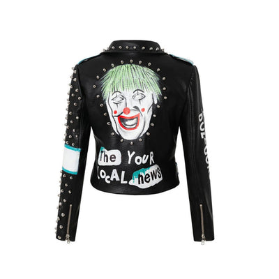 Spring and Autumn Women Punk Rock Leather Jacket with Belt Rivet Funny Printing Clowns Graffiti Motor Biker Clothing