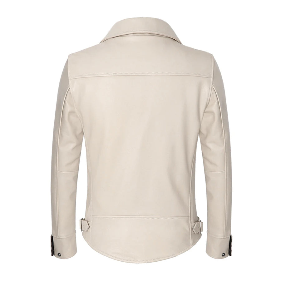 Casual Men's Vintage Leather Jacket White Dovetail Lapel Cowhide Coat Motorcycle Short Genuine Leather Jacket