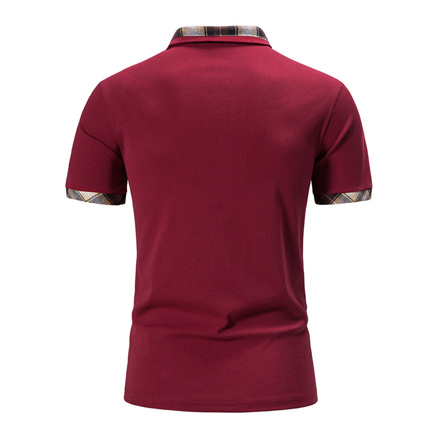 Summer short-sleeved basic lapel polo shirt men's plaid color block T-shirt top