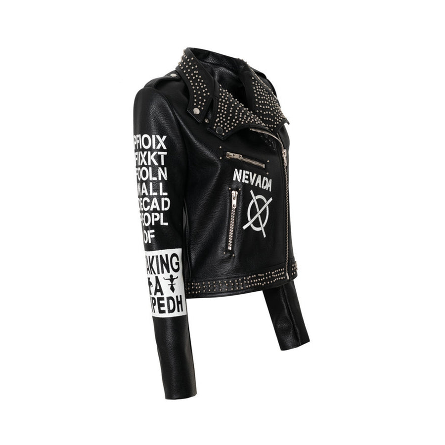 Letter Leather Jacket Women Print Coats Rivets Korean Handsome Motorcycle Chaqueta Mujer Women's leather jacket black