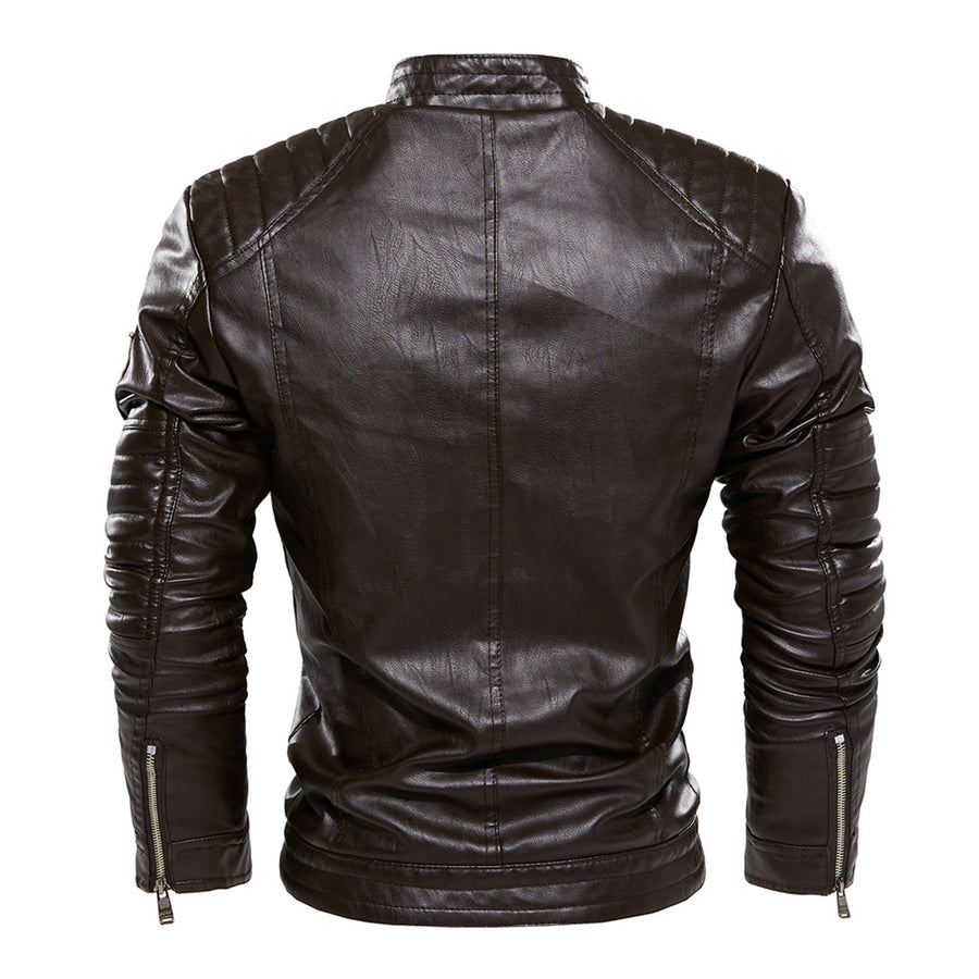 Leather Jacket Men Winter Motorcycle PU Leather Jacket Stand Collar Casual Windbreaker Slim Solid Coat
