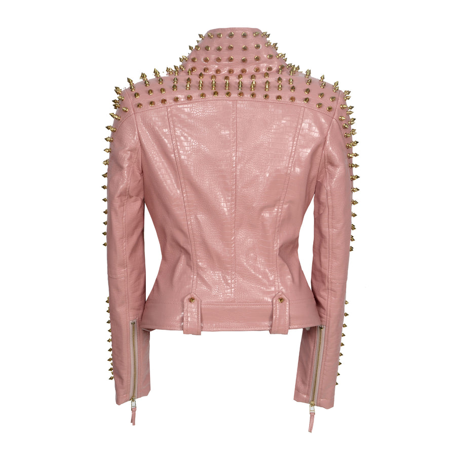 Occident punk style Pink PU jacket fashionable golden rivet body-repair locomotive short jacket