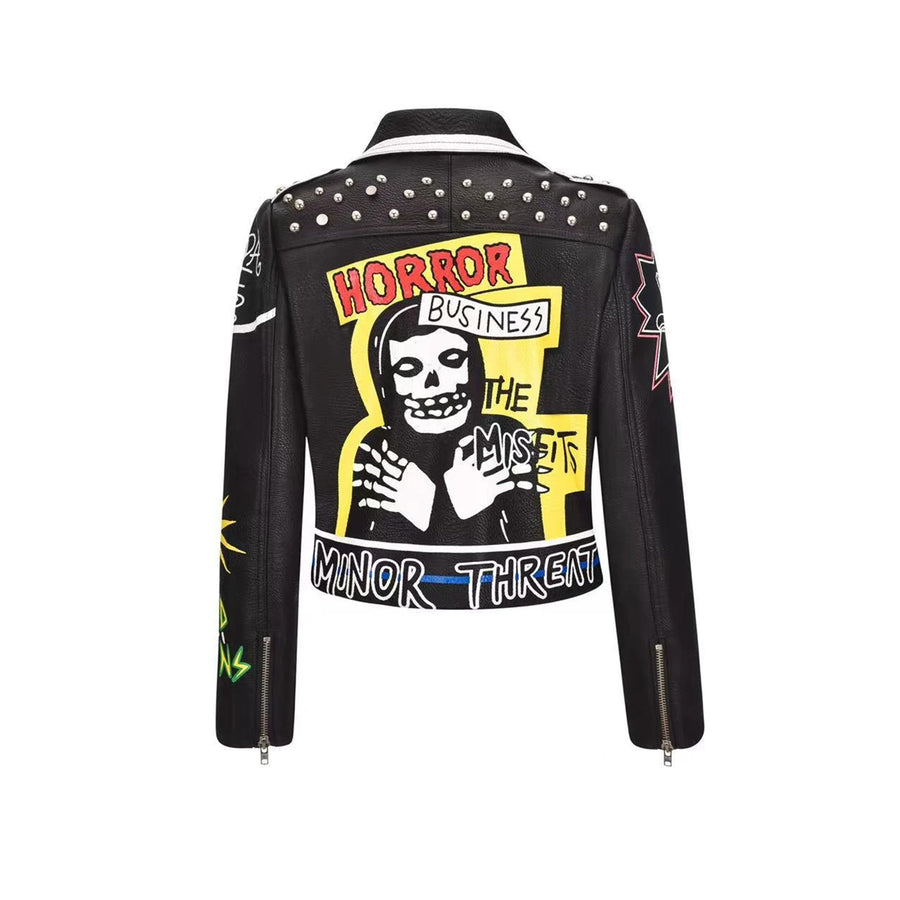 Women Spring Graffiti Short Slim Leather Jackets For Punk Rock Rivet Streetwear High Waist Motorcycle Jackets Coat