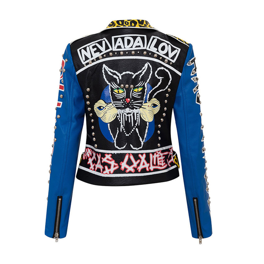 Spring Faux Leather High Waist Jacket Women Graffiti Leopard Pattern Rivet Motorcycle Clothing