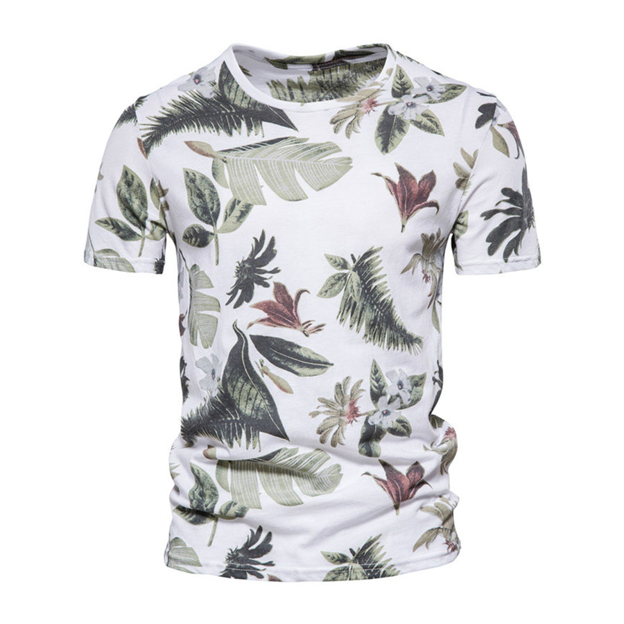 Men's Leaf Print T-shirt Round Neck Short Sleeve Shirt Summer Casual Loose Edition