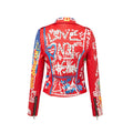 Red Leather Jacket Women Graffiti Colorful Print Moto Biker Jackets and Coats PUNK Streetwear Ladies Clothes