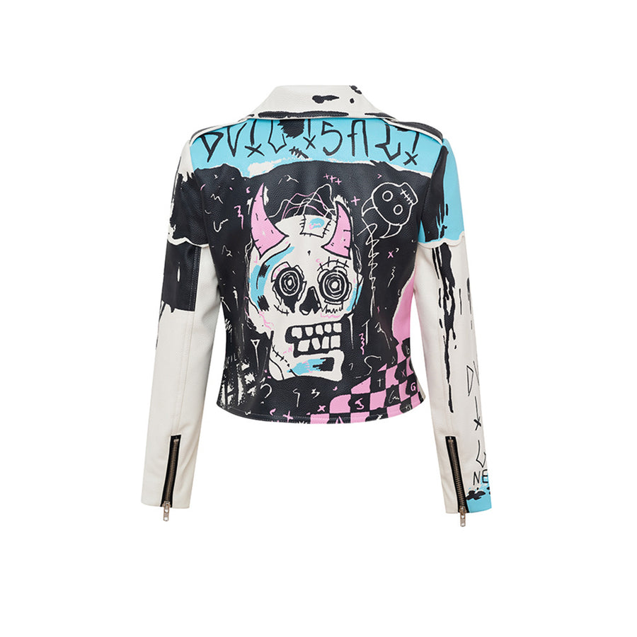 Spring Fashion Punk Rock Skull Faux Leather Jacket For Women Personality Graffiti Print Rivet Motor Jacket