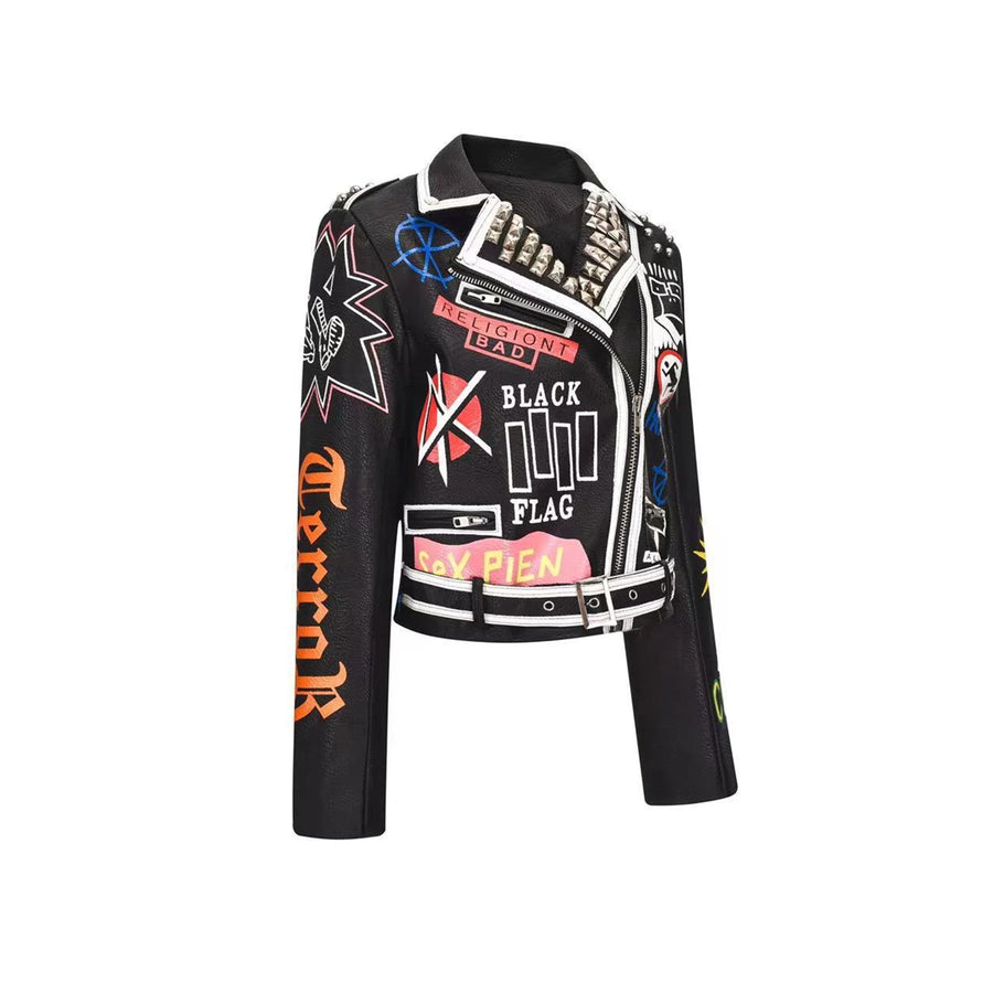 Women Spring Graffiti Short Slim Leather Jackets For Punk Rock Rivet Streetwear High Waist Motorcycle Jackets Coat