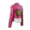 Spring and Autumn Pink Leather Jackets for Women Tiger Embroidered Faux Leather Moto PU Jacket and Coat With Rivets