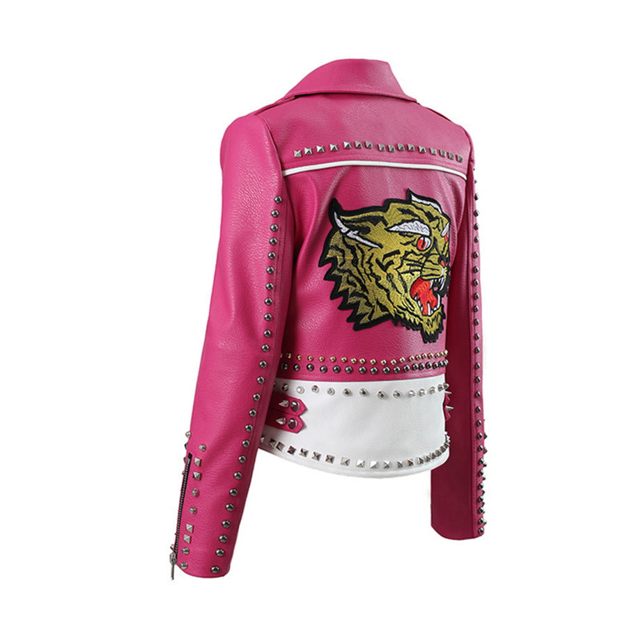 Spring and Autumn Pink Leather Jackets for Women Tiger Embroidered Faux Leather Moto PU Jacket and Coat With Rivets