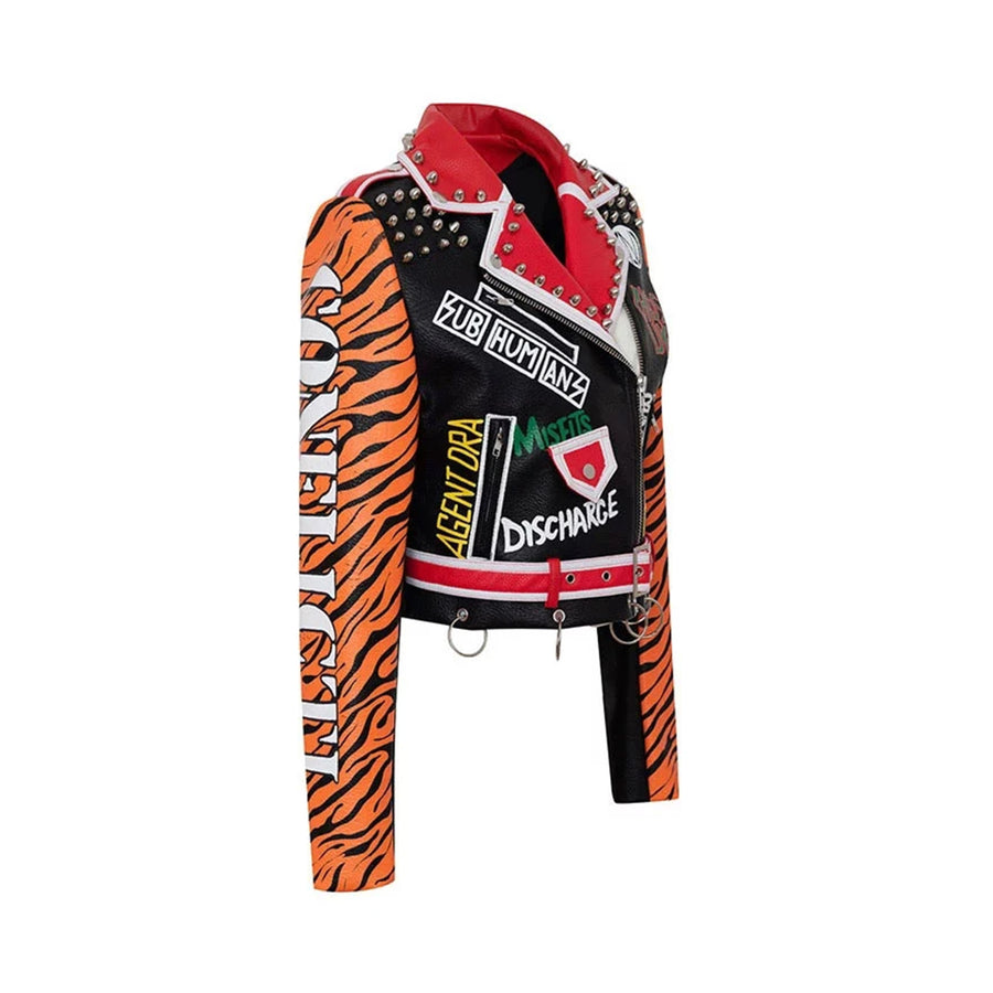 Autumn Fashion Tiger Embroidery Leather Jacket Women Hip Hop Letter Graffiti Motor Clothe With Metal Ring