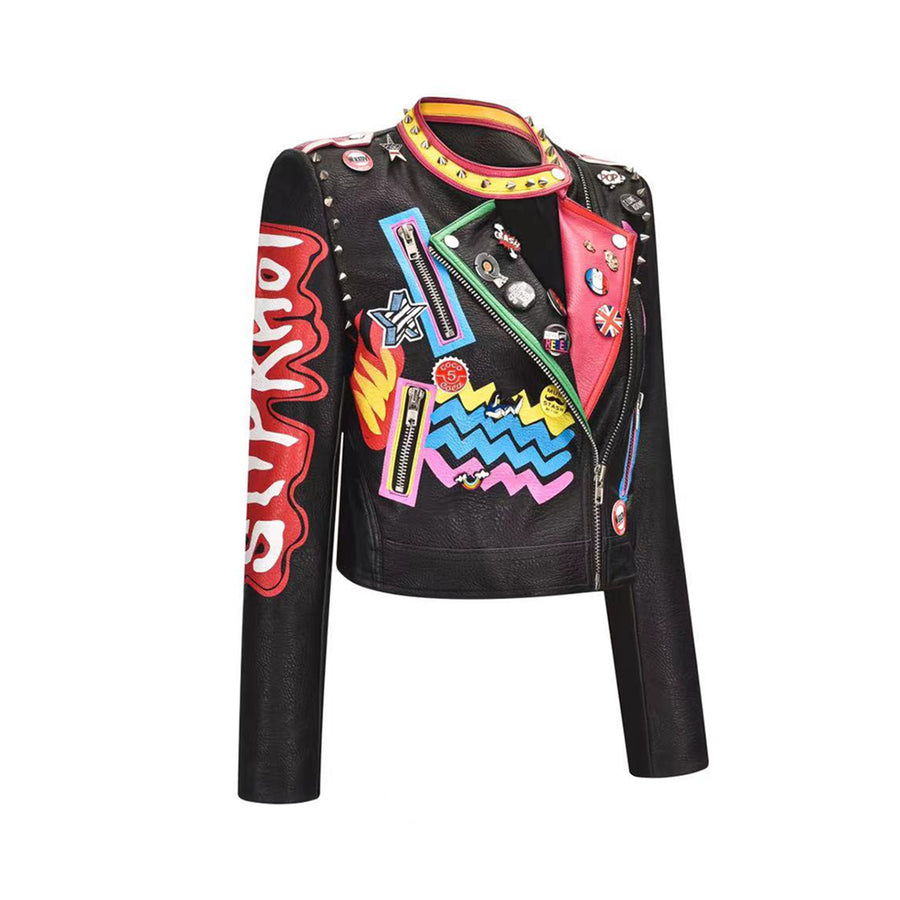Men's Jacket Hip Hop Badges Buttonhole Faux Leather Punk Rock Jackets Slim Motorcycle 3D Outwear Male Female