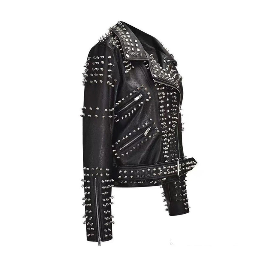 Women Spring Rivet Death Patch Faux Leather Jackets For Punk Rock Rivet Streetwear High Waist Short Motorcycle Jackets Coat
