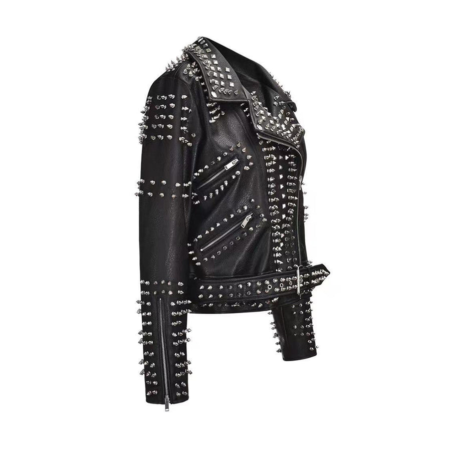Rivet Death Patch Faux Leather Punk Rock Jackets Slim Motorcycle 3D Skeleton Pattern Outwear with Belt Male Female