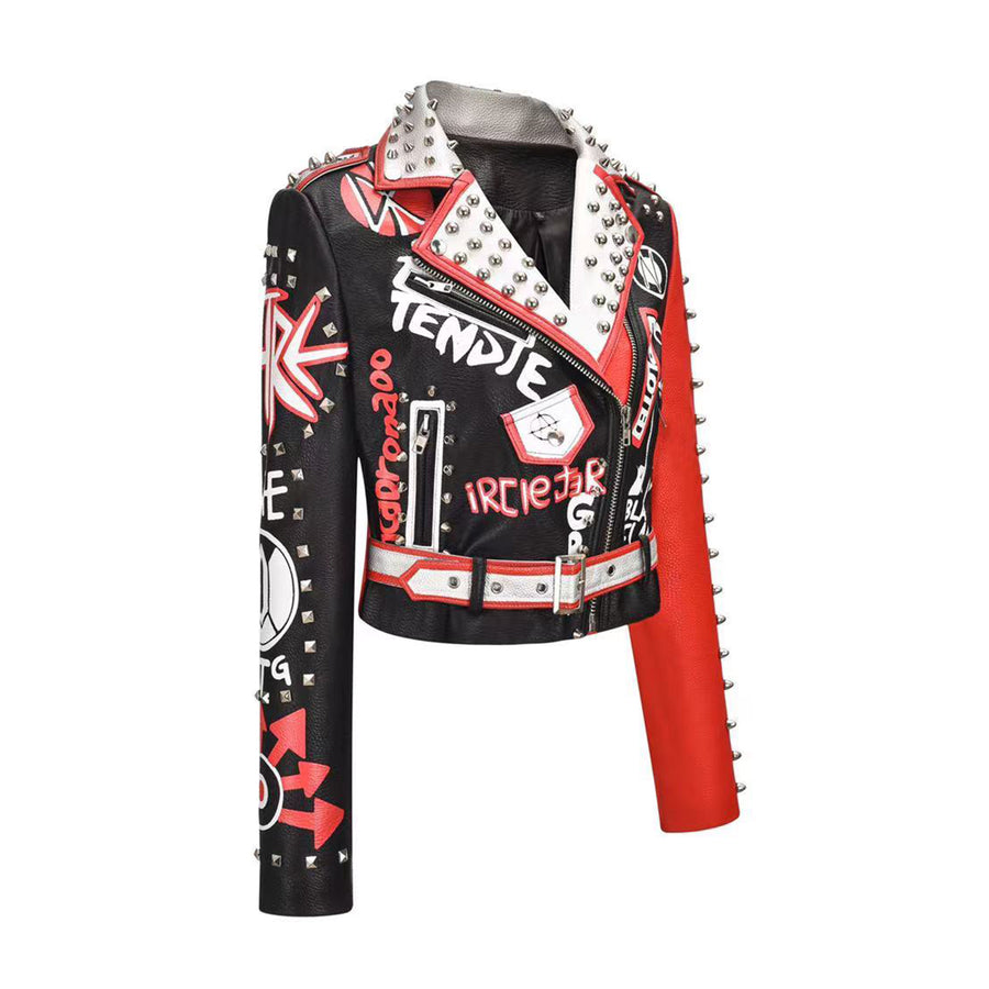 Men's Jacket Graffiti Color Contrast Buttonhole Faux Leather Punk Rock Jackets Slim Motorcycle 3D Outwear Male Female