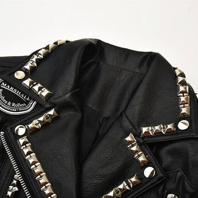 Autumn Punk Style Rivet Slim Leather Jacket Women Spring Chains and Metal Ring Black Jacket and Coat