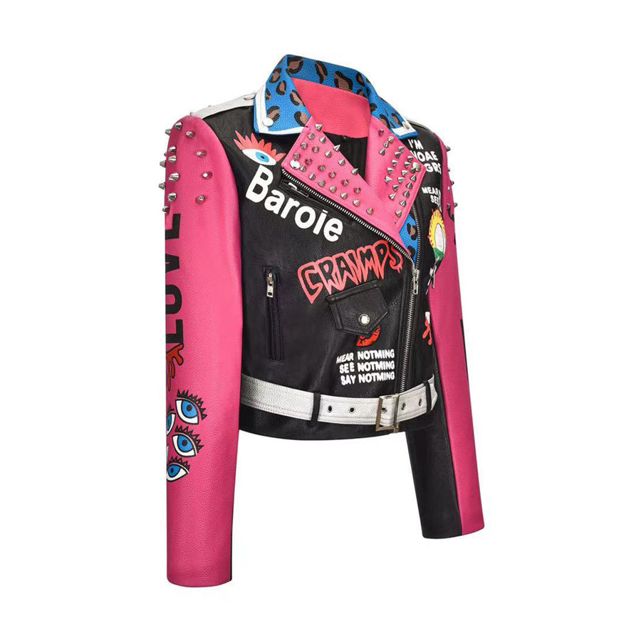Men's Jacket Leopard Letter Graffiti Print Buttonhole Faux Leather Punk Rock Jackets Slim Motorcycle Outwear Male Fema