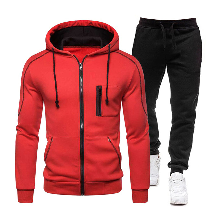 Men's Sports Tracksuit Spring & Autumn Leisure Zipper Stitching Hooded Two-piece Set