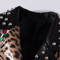 Spring Faux Leather Jacket Women Leopard Punk Style Skull Rivet and Chain High Waist Motor Jackets