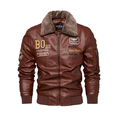 Men Vintage Motorcycle Jacket Embroidery Detachable Fur Collar Biker PU Leather Jackets Winter Fleece Bomber Coat Overcoat Male