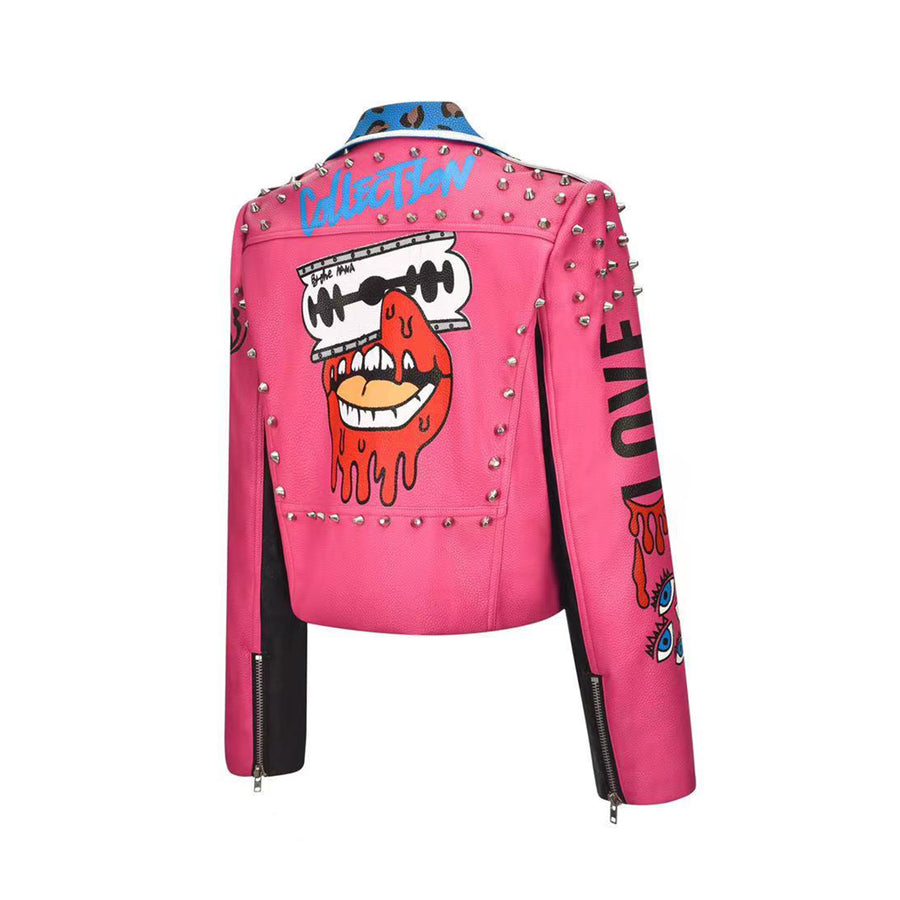 Men's Jacket Leopard Letter Graffiti Print Buttonhole Faux Leather Punk Rock Jackets Slim Motorcycle Outwear Male Fema