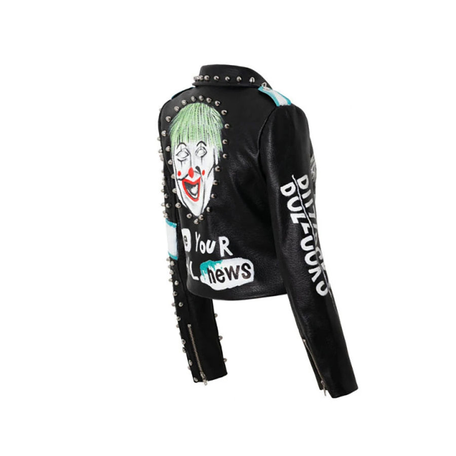 Spring and Autumn Women Punk Rock Leather Jacket with Belt Rivet Funny Printing Clowns Graffiti Motor Biker Clothing