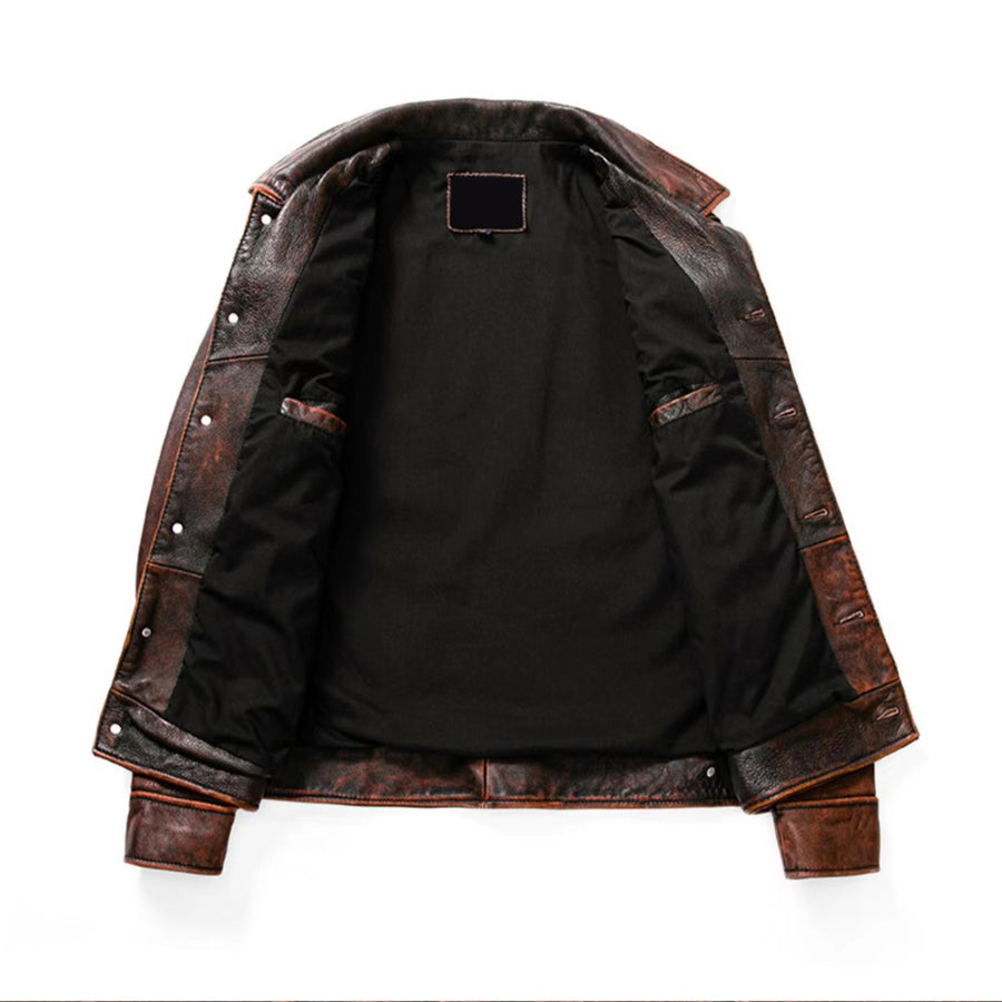 New Pure Top Layer Cowhide Genuine Leather Distressed Lapel Leather Jacket Casual Retro Men's Jacket