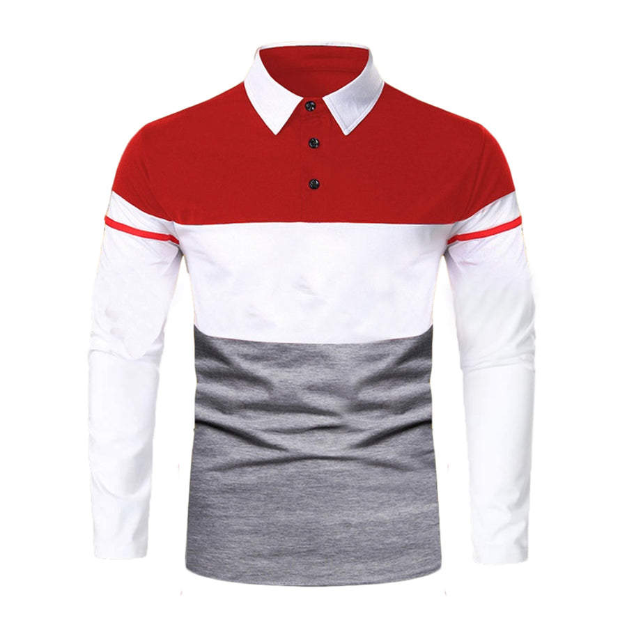 New Men's Spring and Autumn Chest Two-color Stitching Long-sleeved Lapel T-shirt Thin Long-sleeved Polo Shirt