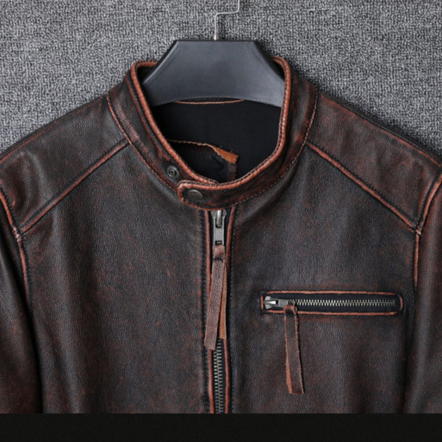 Classic Casual Style Cowhide Jacket 100% Real Leather Coat Men Autumn Spring Fit Moto Biker Clothes Vintage
