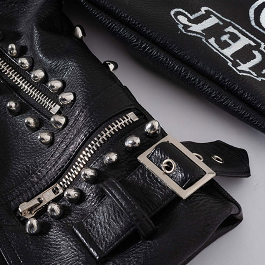 Punk Metal Rivet Printed Womens Lapel Biker Short Coat Leather