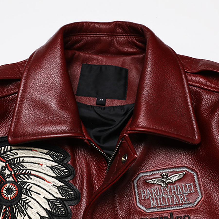 New Indian Embroidery A2 Flying Pilot Suit Genuine Leather Jacket Men's Cowhide Aviator Jackets 100% Leather Red Clothing